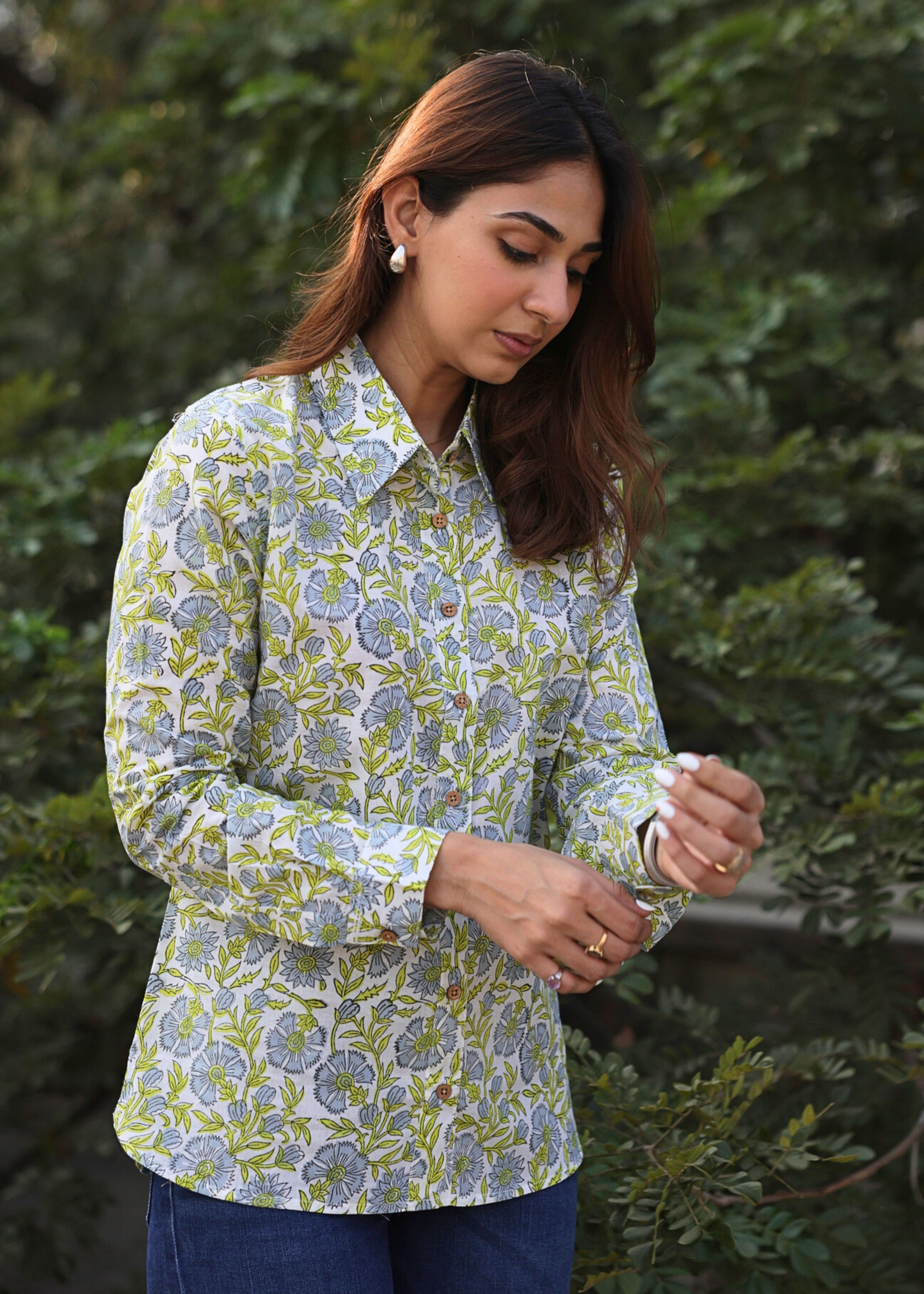 Green Floral Handblock Cotton Shirt