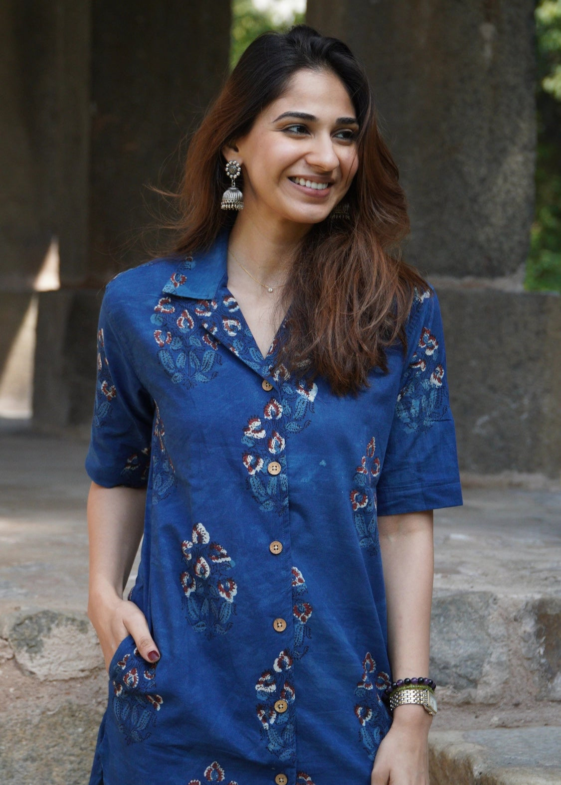 Indigo Bagru Floral Shirt Kurti