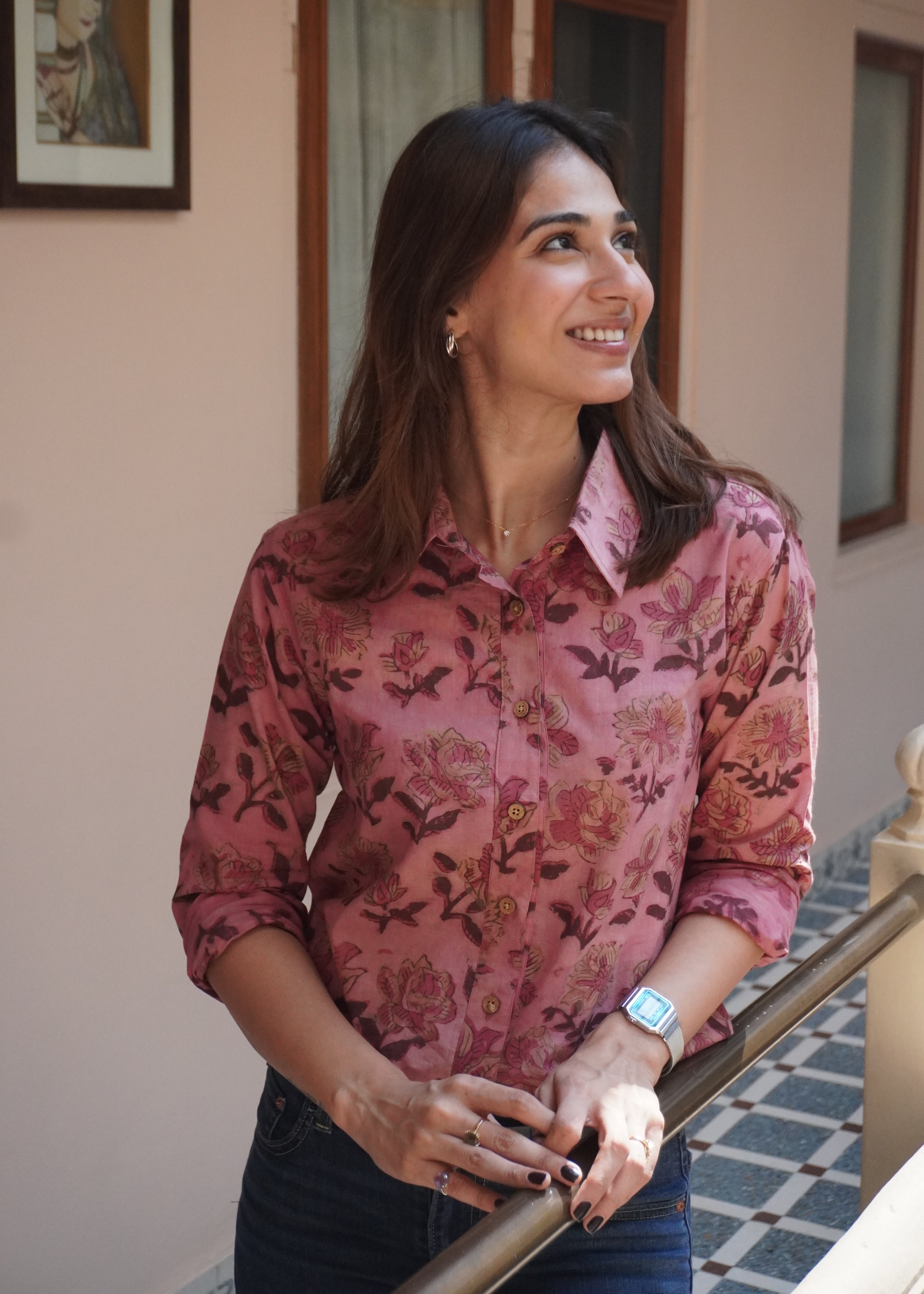 Pink Bagru Ajrakh Floral Handblock Shirt