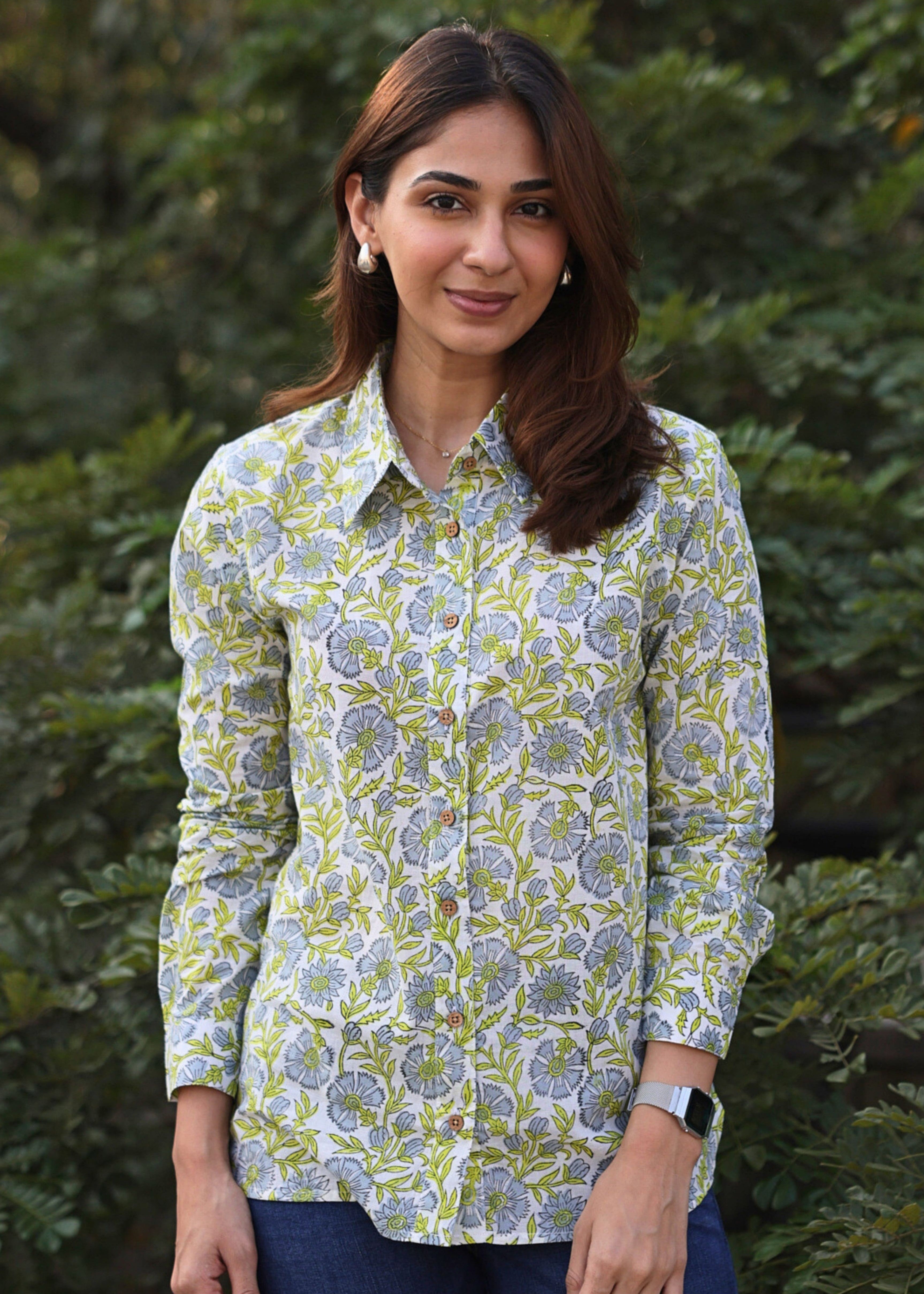 Green Floral Handblock Cotton Shirt
