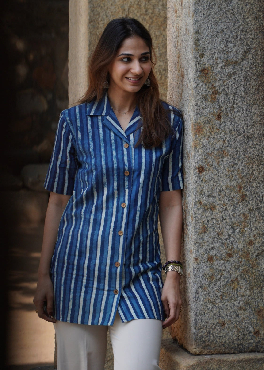 Indigo Bagru Stripe Shirt Kurti