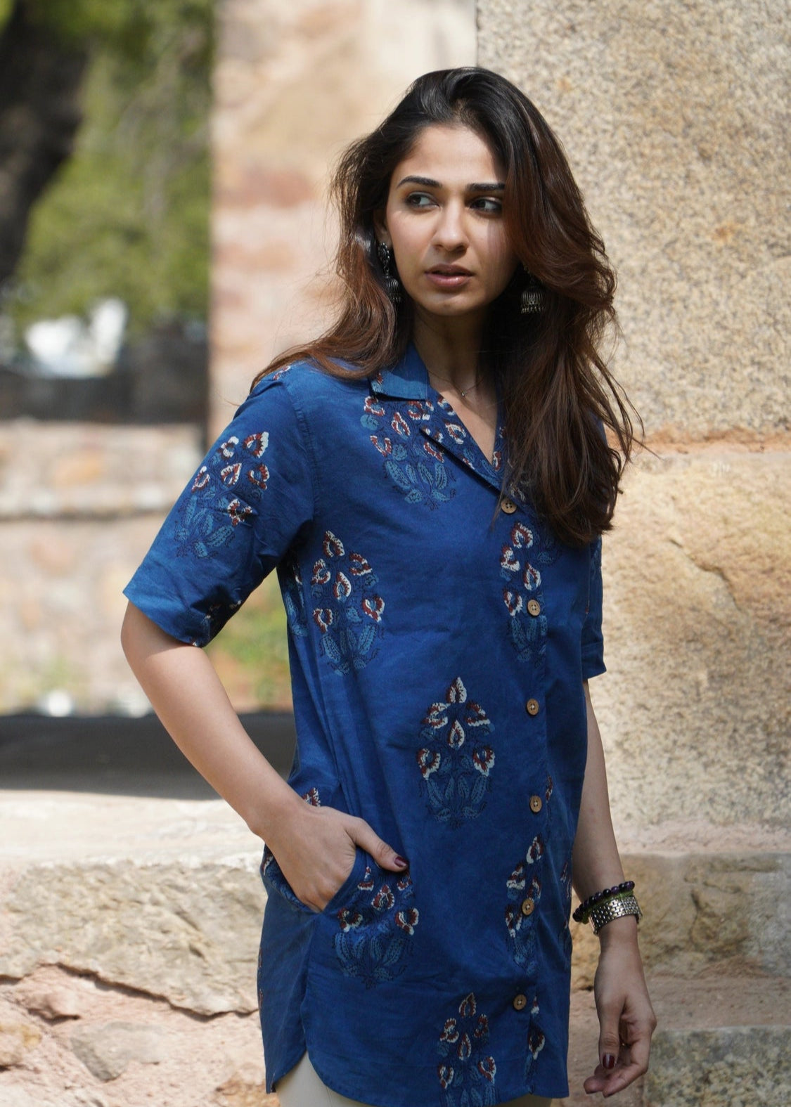 Indigo Bagru Floral Shirt Kurti