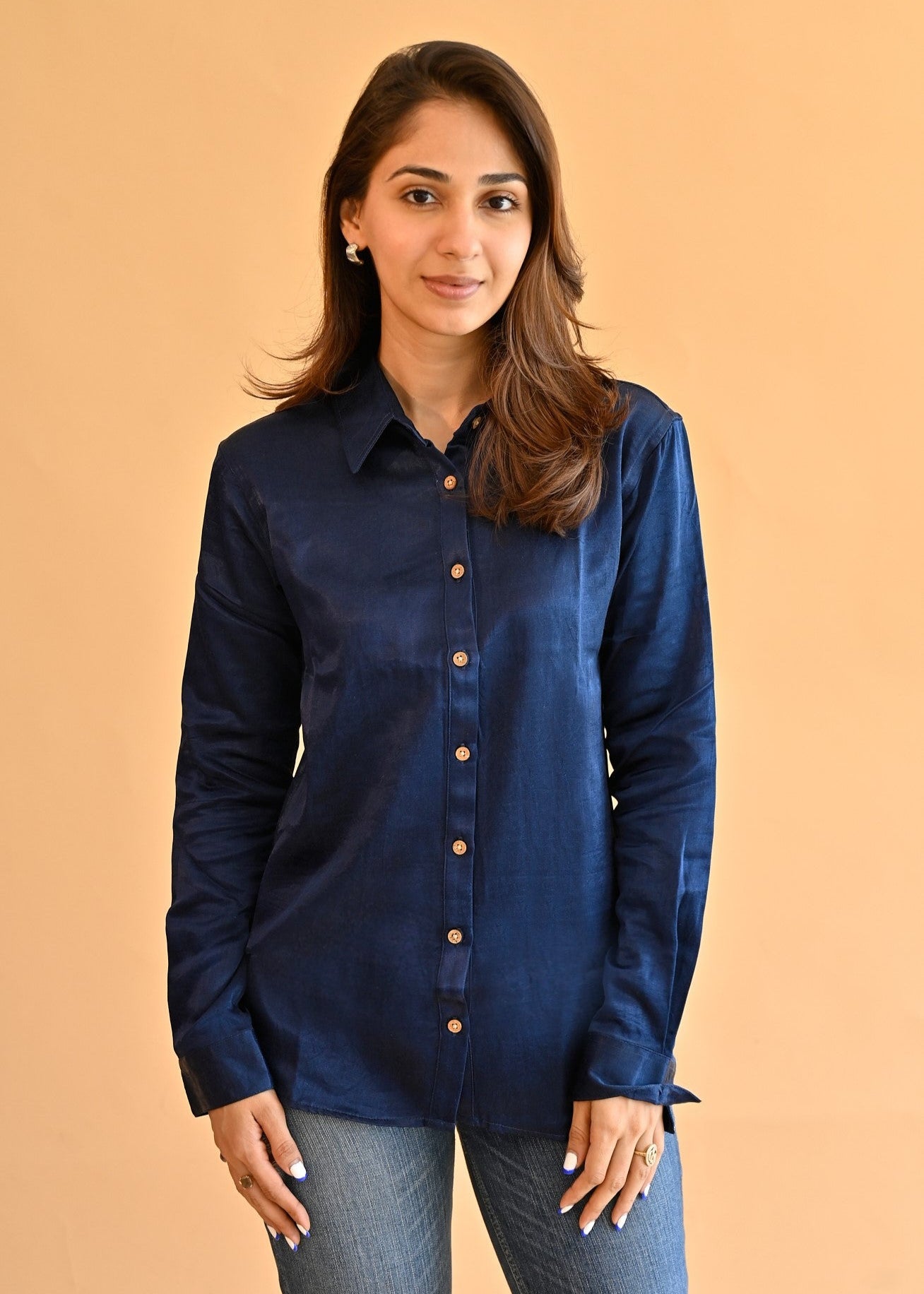 Ajrakh Satin Navy Blue Natural Dye Shirt