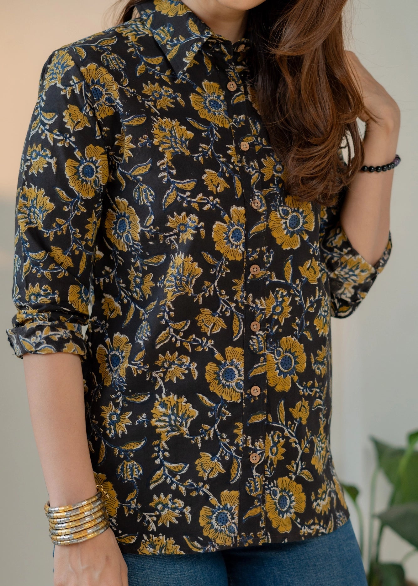 Mustard Floral Handblock Shirt