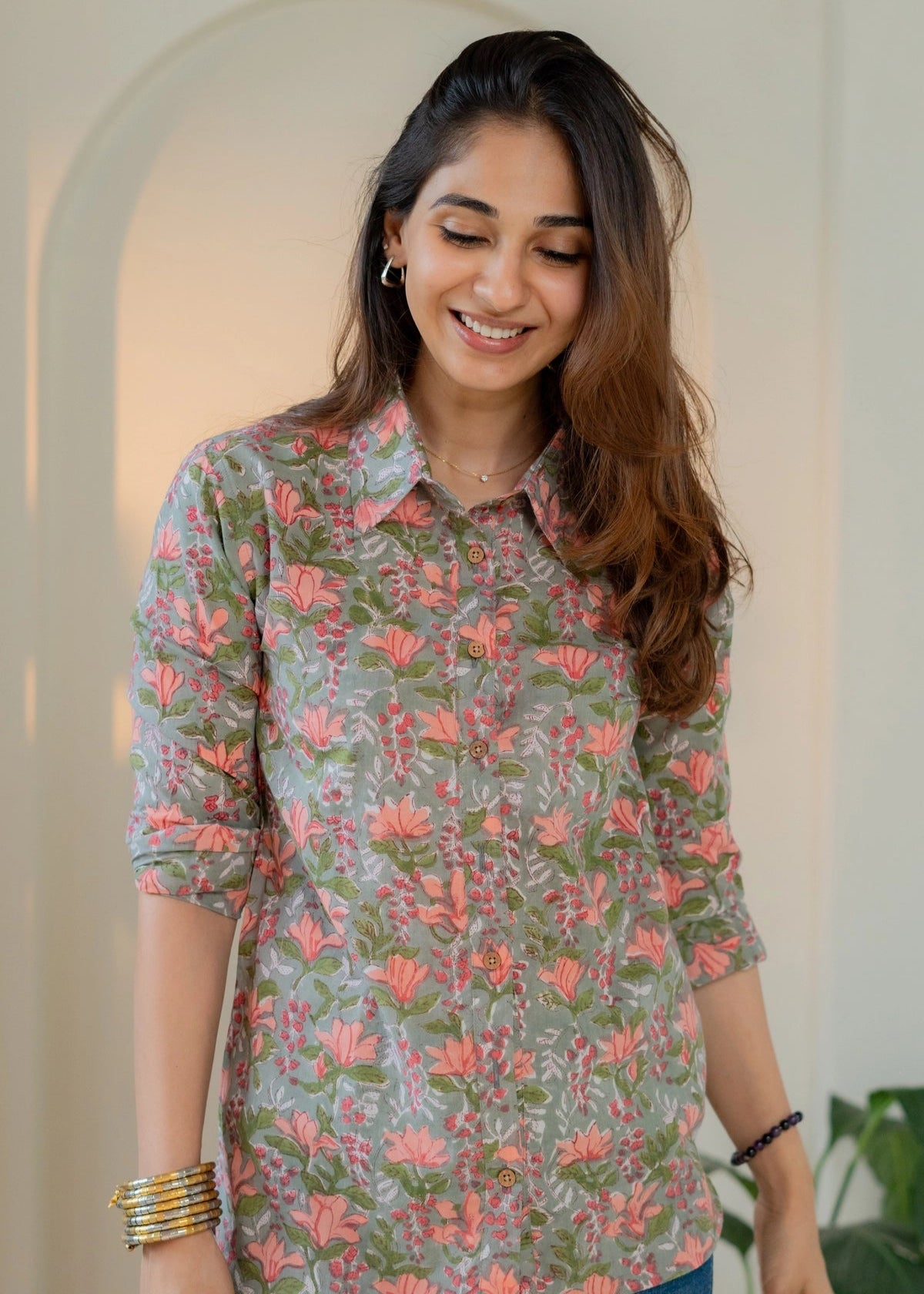 Pink Floral Garden Block Print Shirt