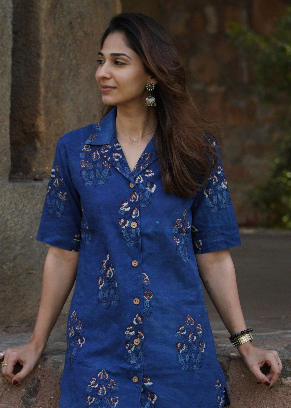 Indigo Bagru Floral Shirt Kurti
