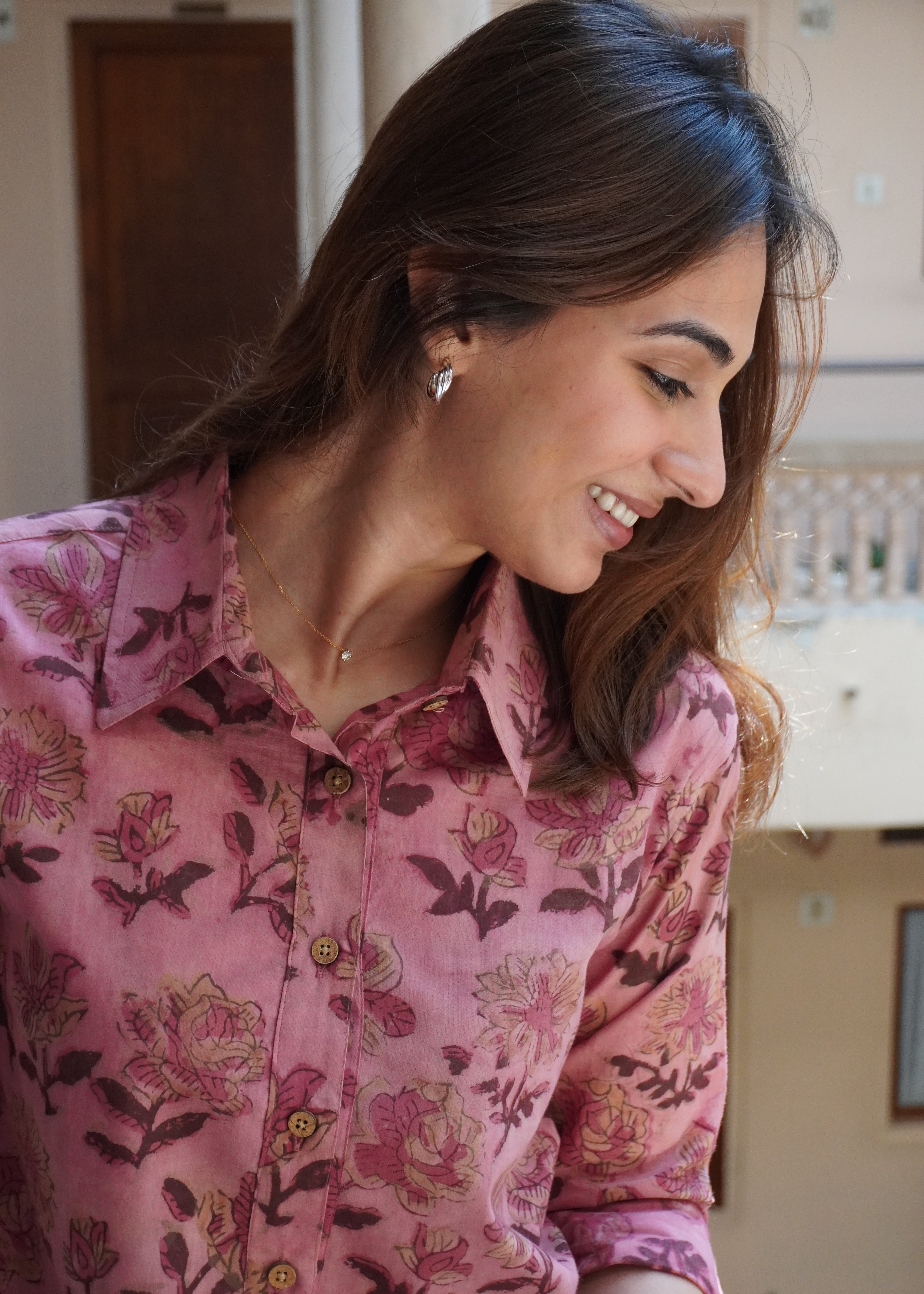 Pink Bagru Ajrakh Floral Handblock Shirt
