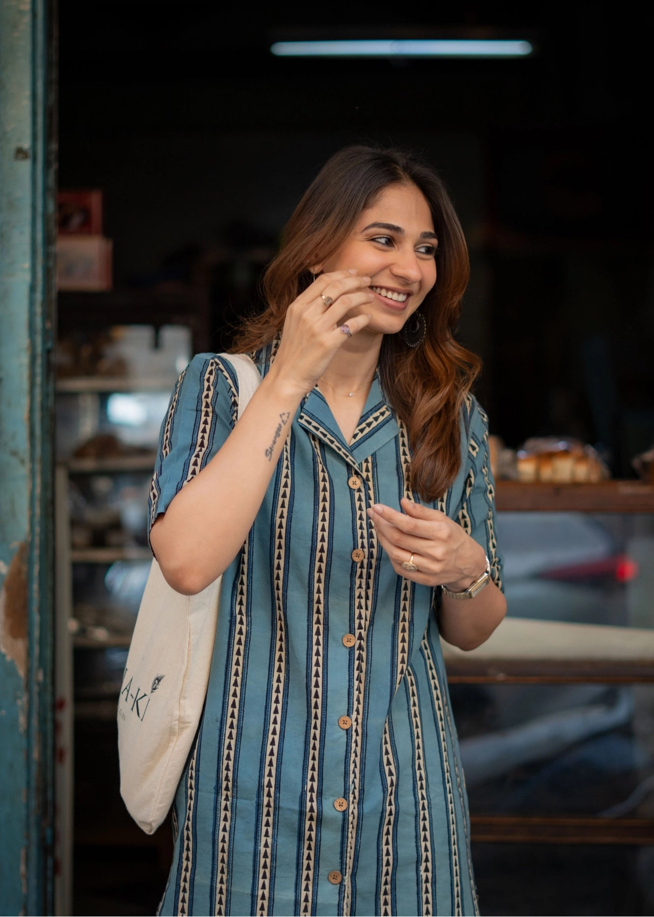 Indigo Ajrakh Stripe Shirt Kurti