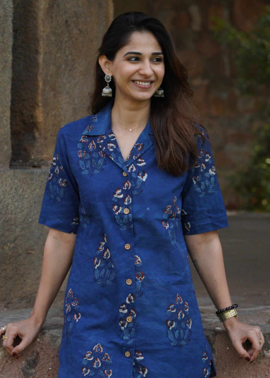 Indigo Bagru Floral Shirt Kurti