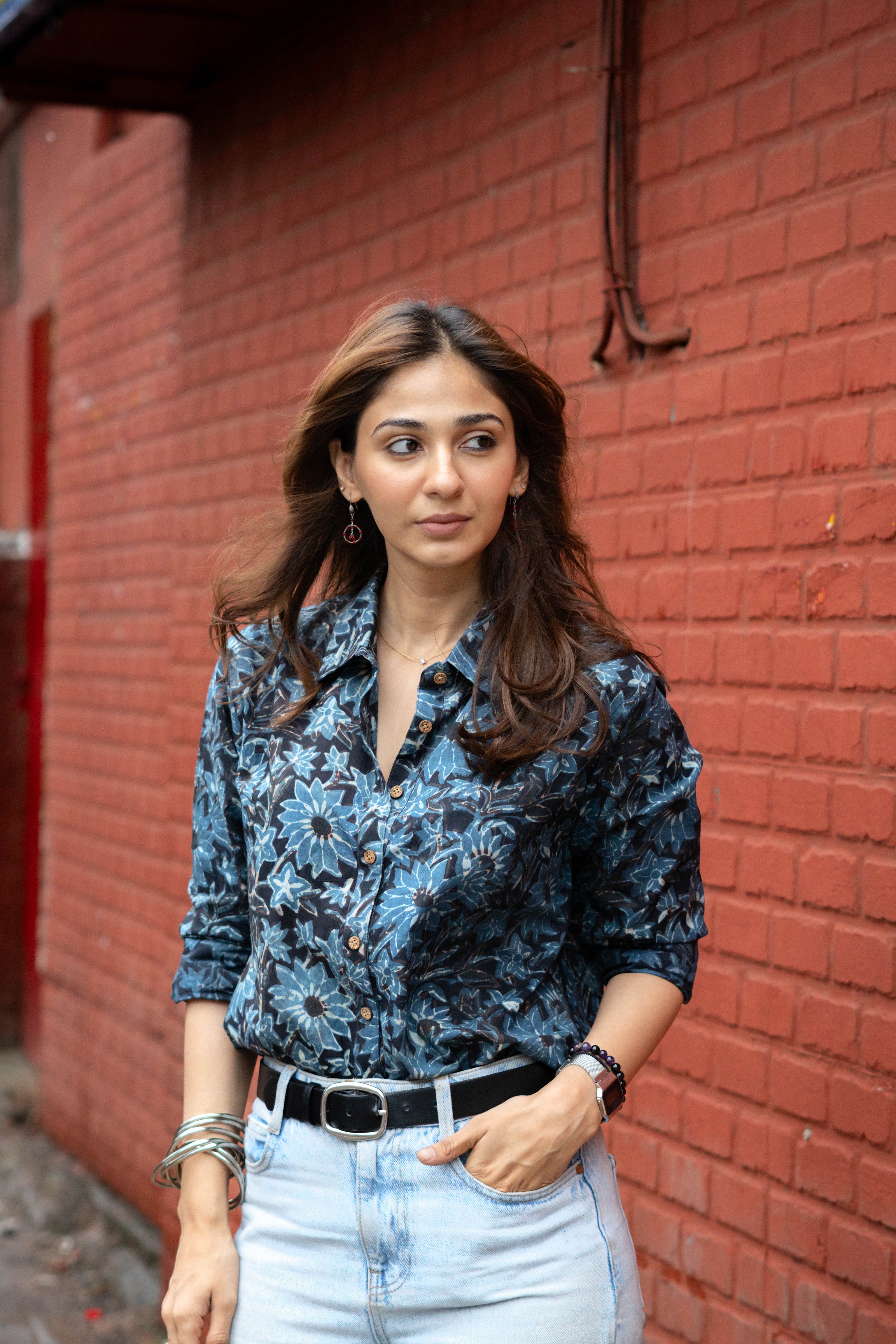 Blue Tropical Handblock Cotton Shirt
