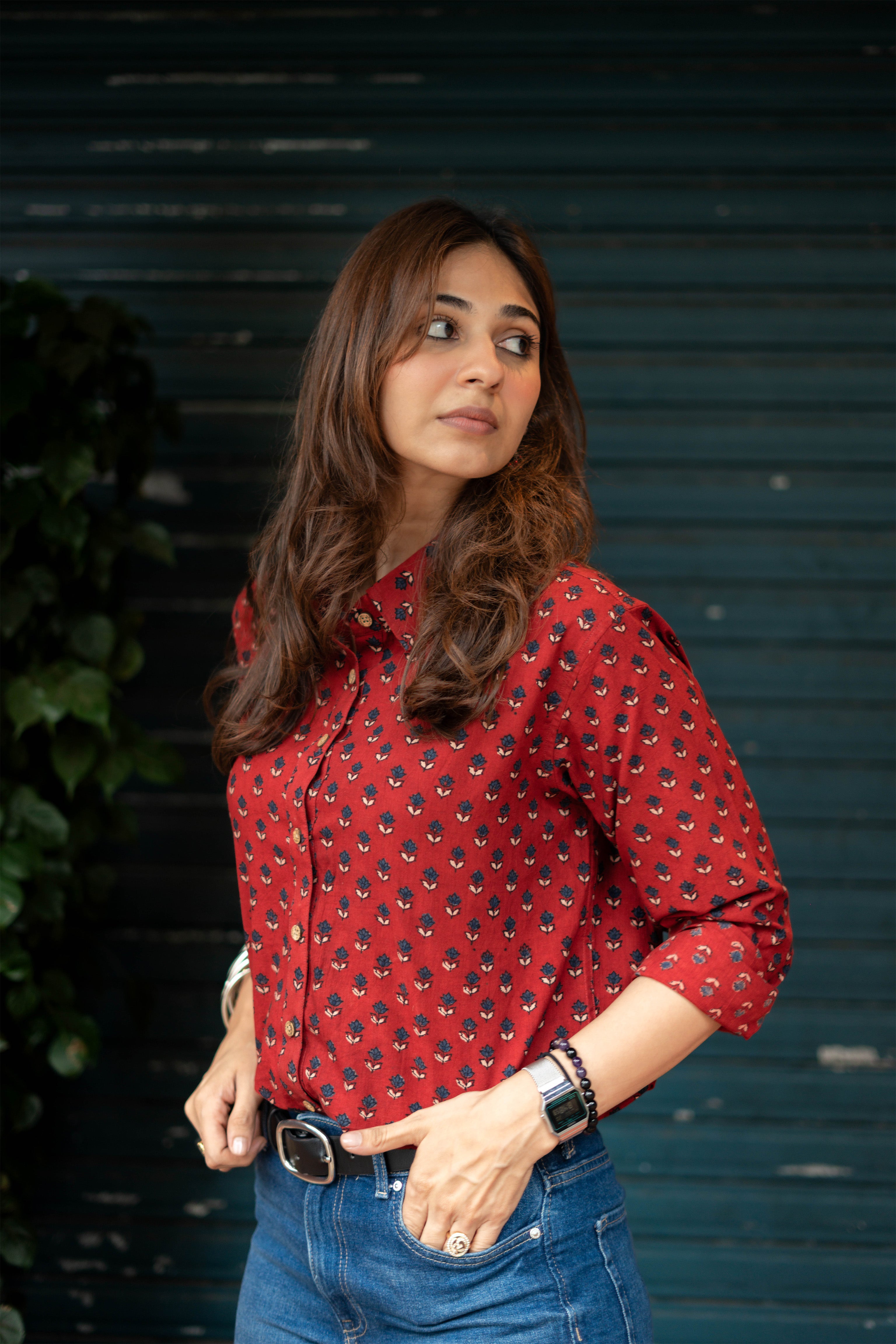 Ajrakh Red Indigo Handblock Cotton Shirt