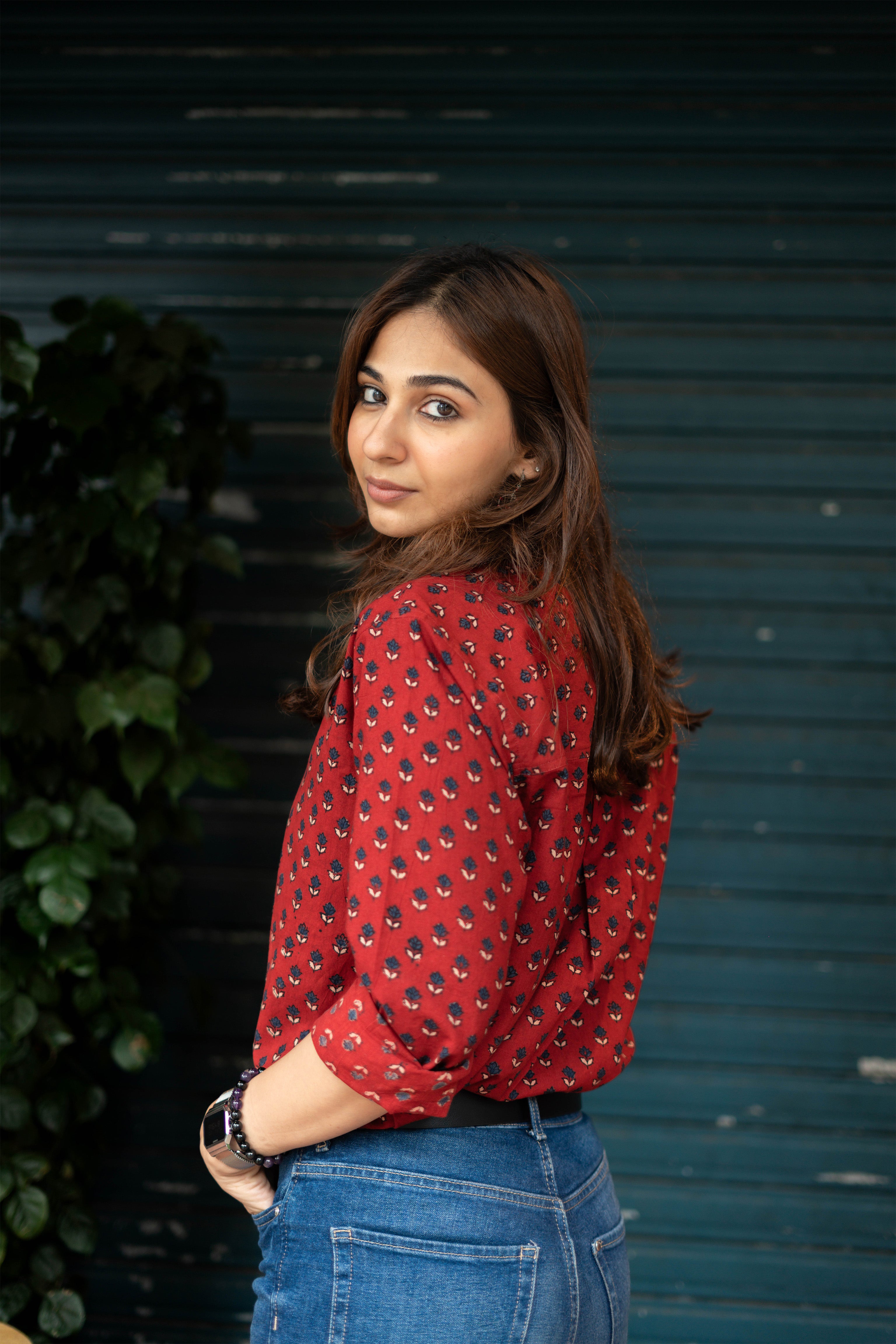 Ajrakh Red Indigo Handblock Cotton Shirt