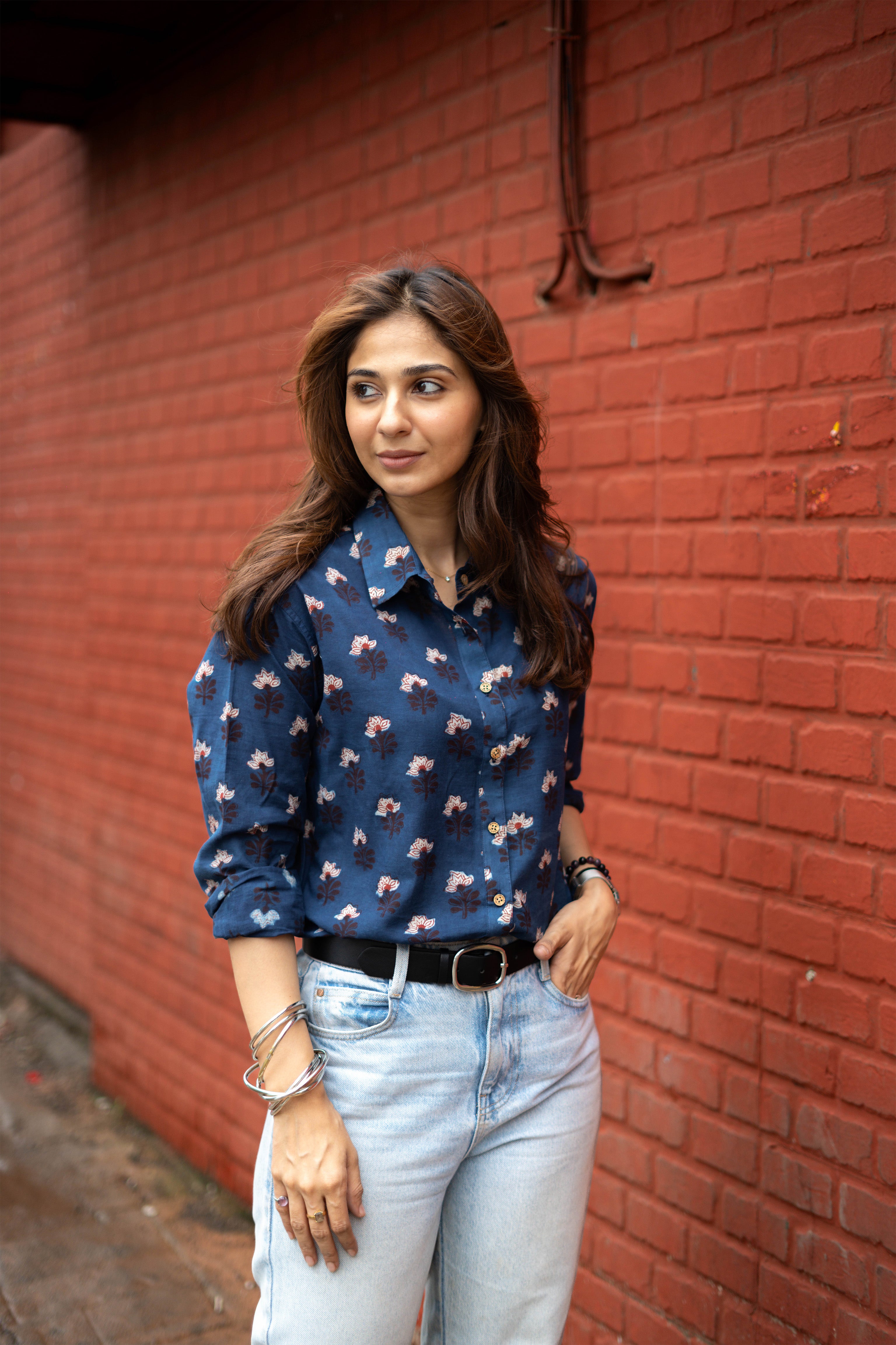 Indigo White Bagru Floral Handblock Cotton Shirt