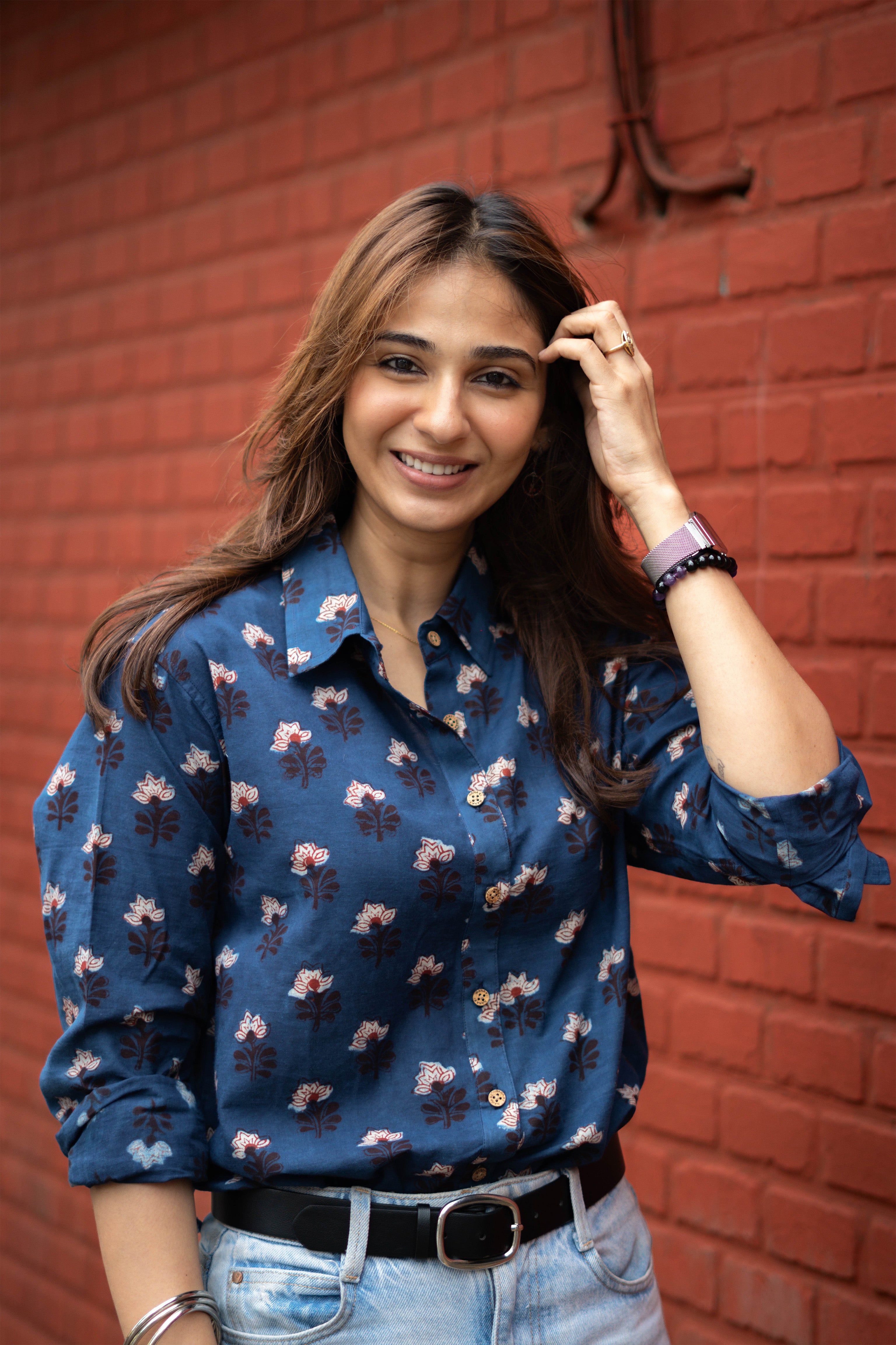 Indigo White Bagru Floral Handblock Cotton Shirt
