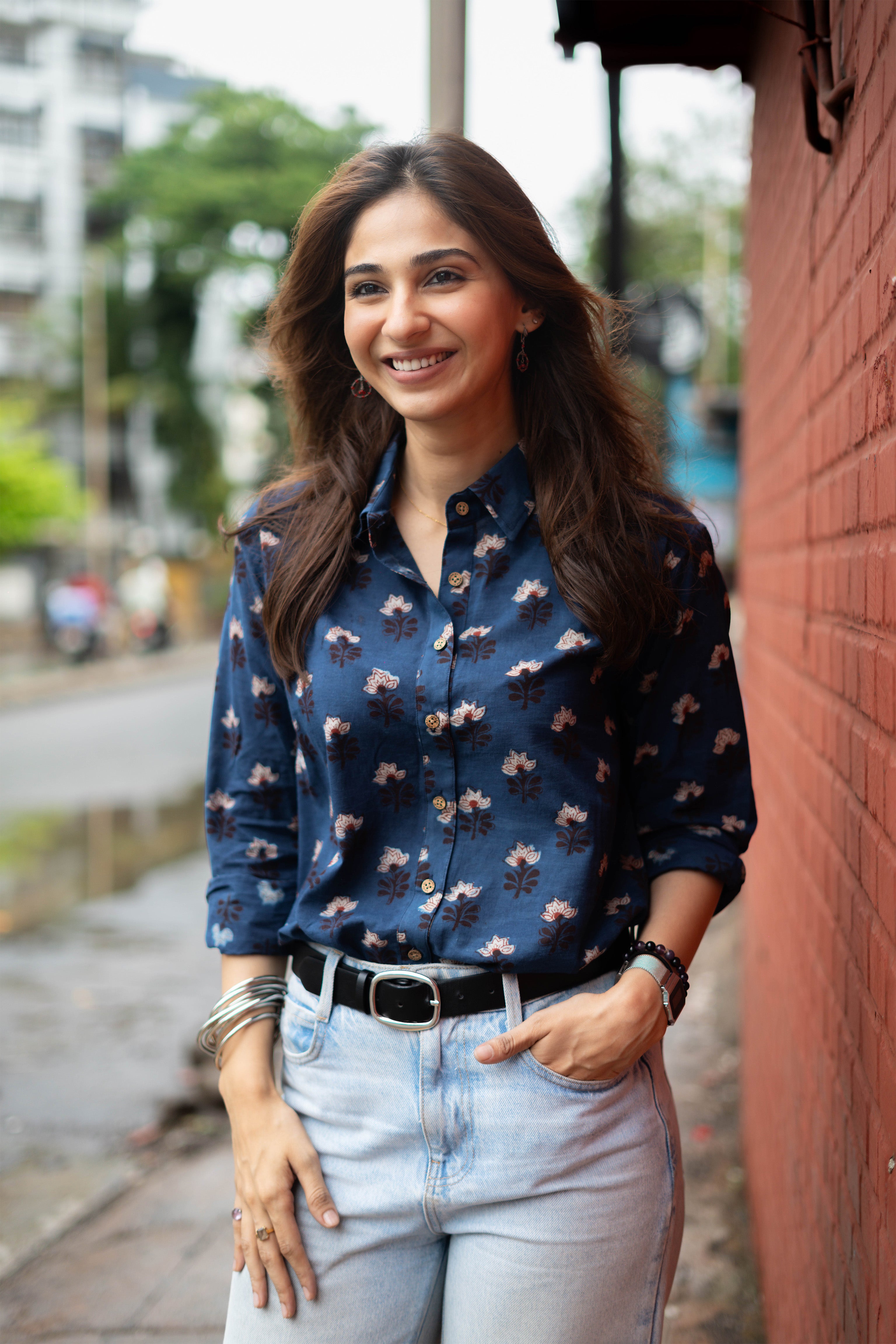 Indigo White Bagru Floral Handblock Cotton Shirt