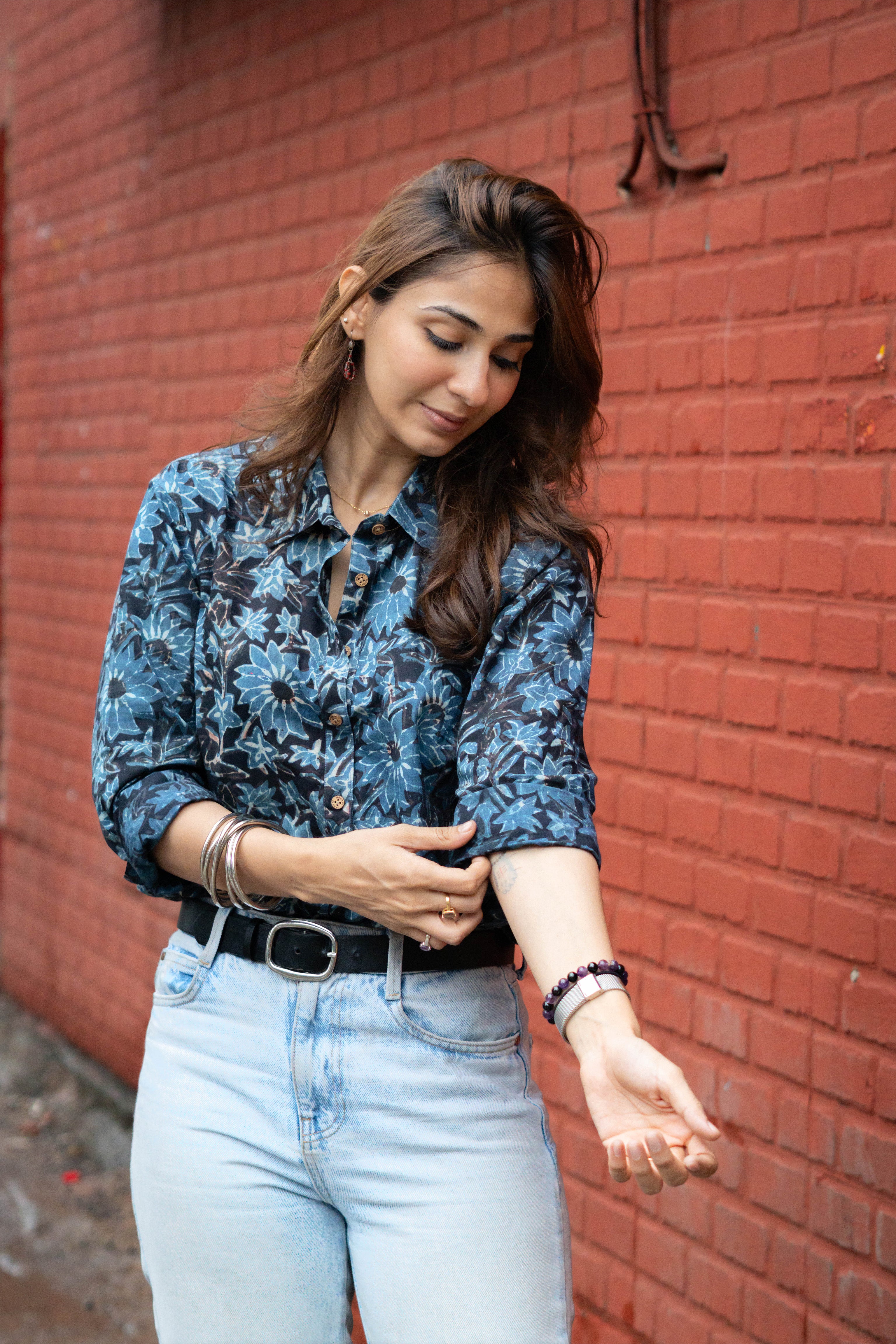 Blue Tropical Handblock Cotton Shirt