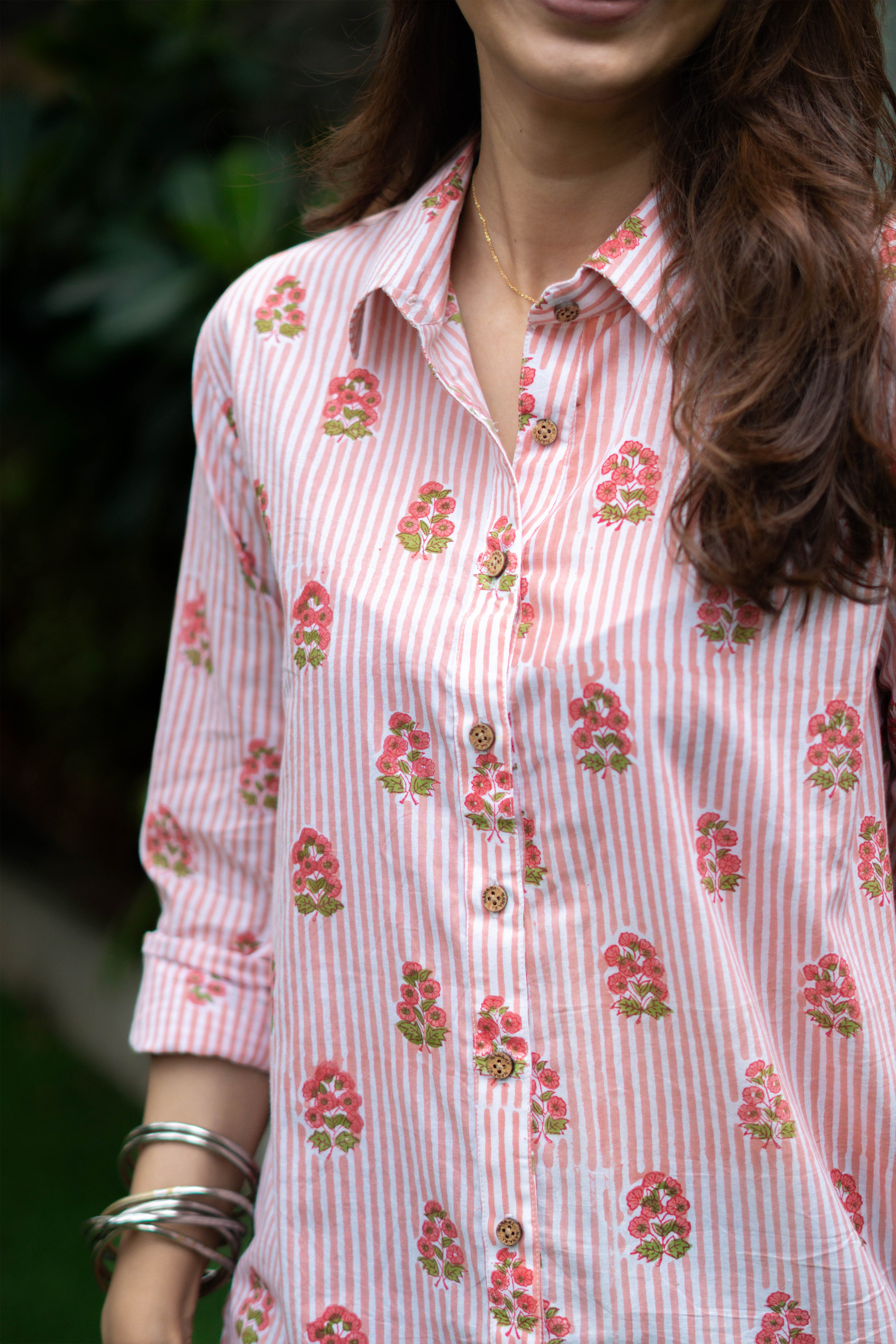 Pink Garden Handblock Cotton Shirt