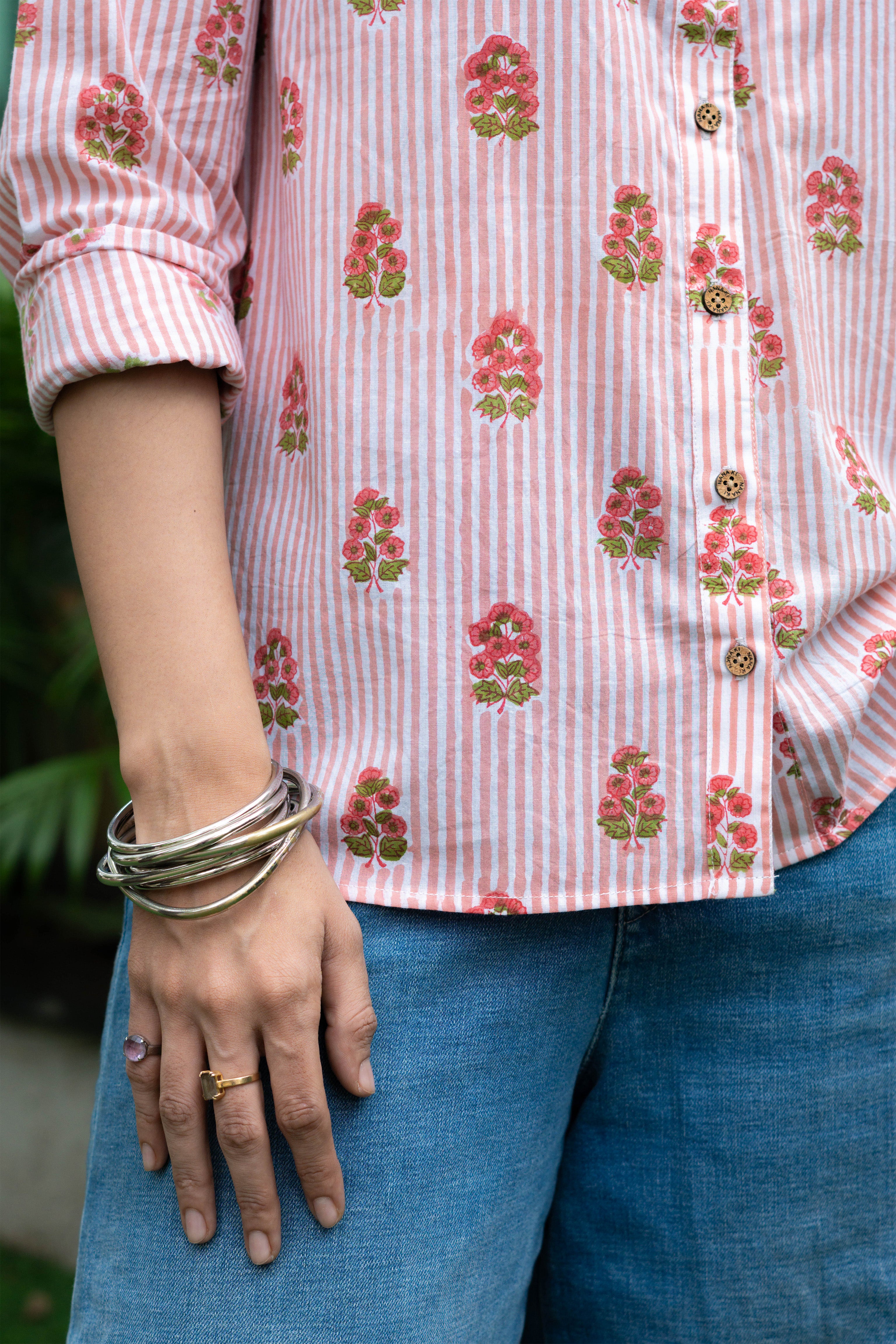 Pink Garden Handblock Cotton Shirt