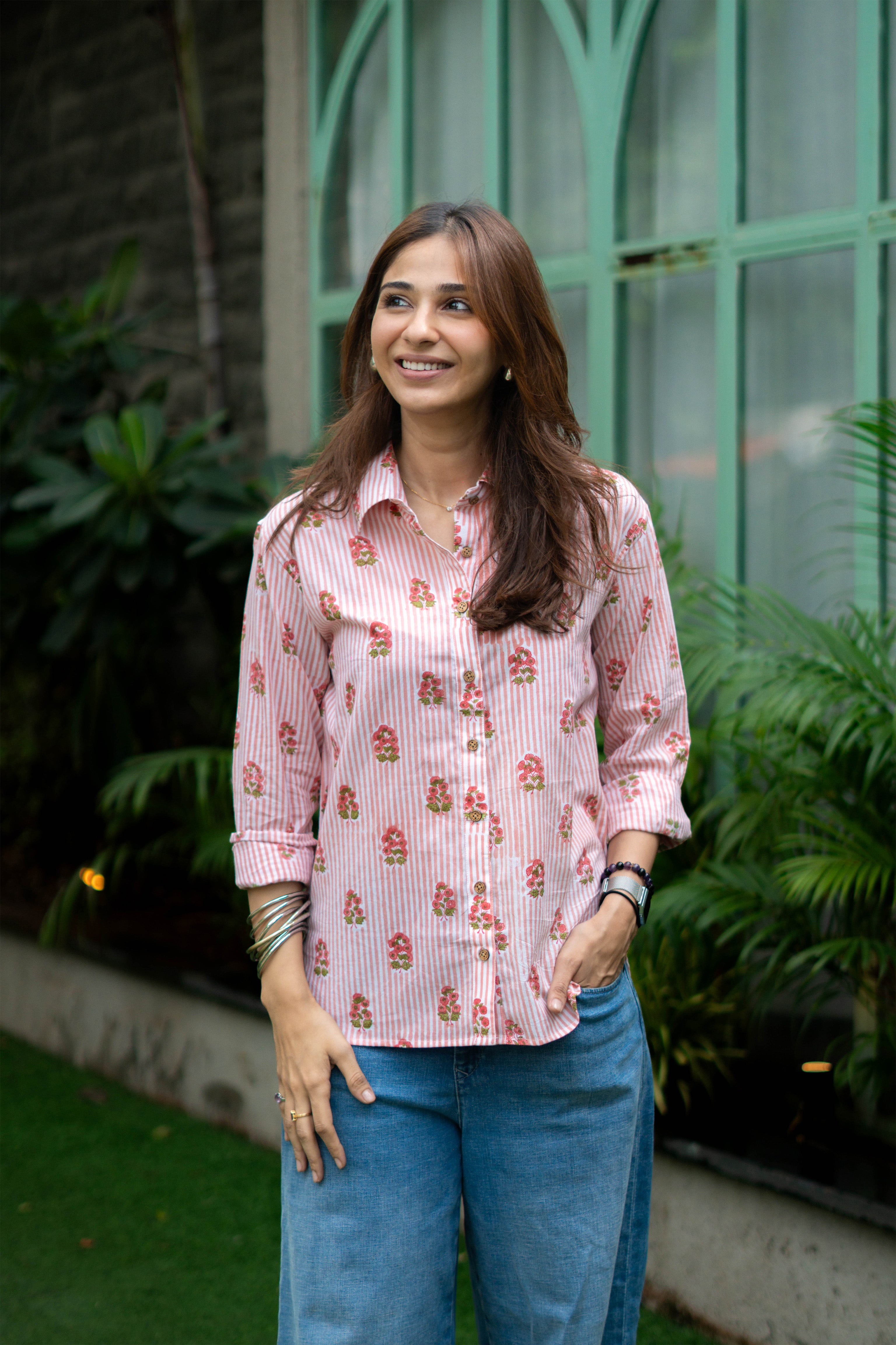 Pink Garden Handblock Cotton Shirt